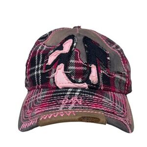 VTG True Religion Horseshoe Distressed Pink Plaid Trucker Cap Hat Snap Back